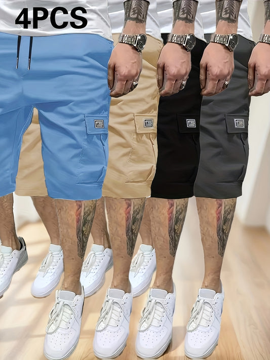 4 Pack Men's Casual Cargo Shorts Solid Color 100 Percent Polyester Non Stretch Woven Fabric Loose Fit Summer Fashion
