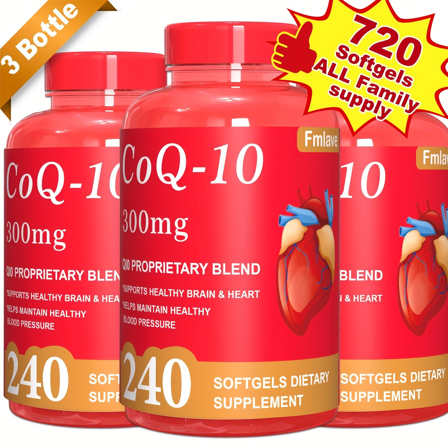 3Pcs-720 Softgels CoQ10 300mg Antioxidant Supplement