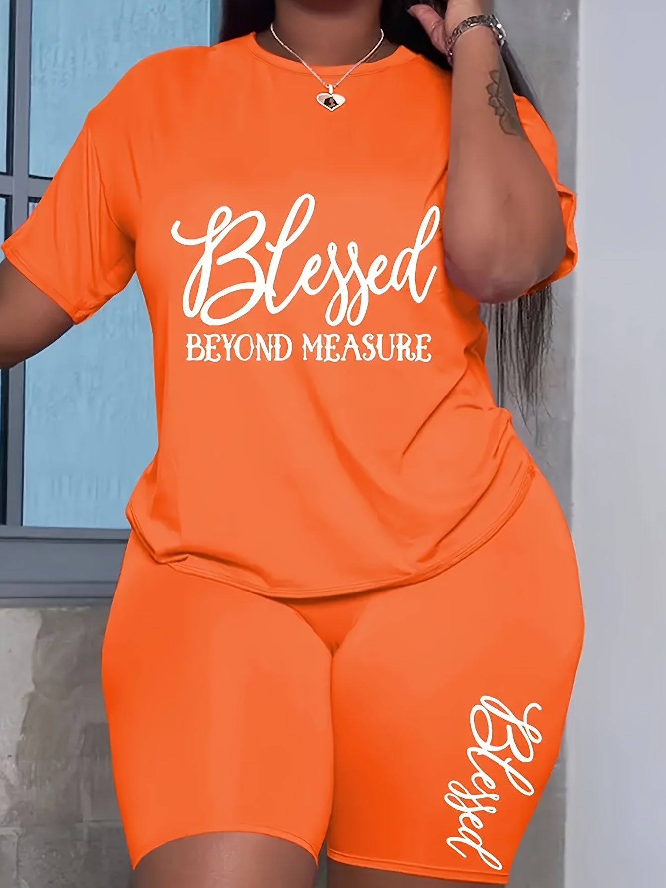 Plus Size Bold Letter Print Two-Piece Outfit For Curvy Women