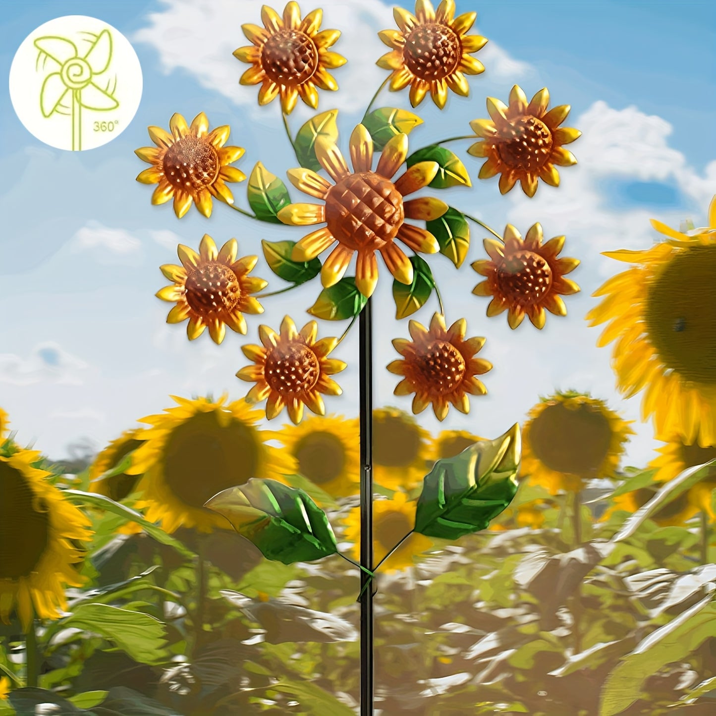 360° Rotating Metal Sunflower Wind Spinner Stake Garden Decor