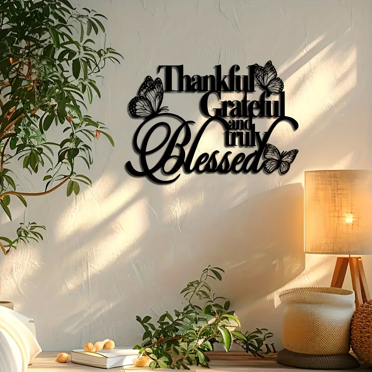 Thankful Grateful and Truly Blessed Metal Wall Art 15.74x11.25 Inches Elegant Bible Verse Decor with Butterflies Inspirational Home Decor for Living Room Patio Balcony Perfect Housewarming Wedding Christmas Easter