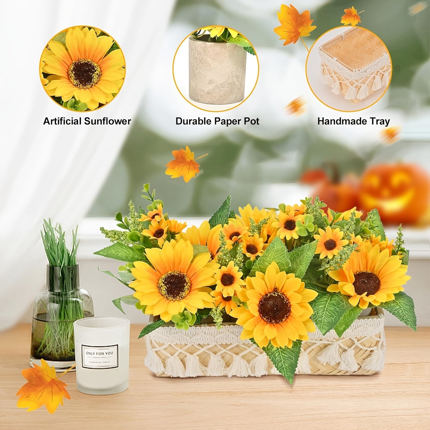 3 Potted Artificial Sunflowers with Handmade Basket Centerpiece