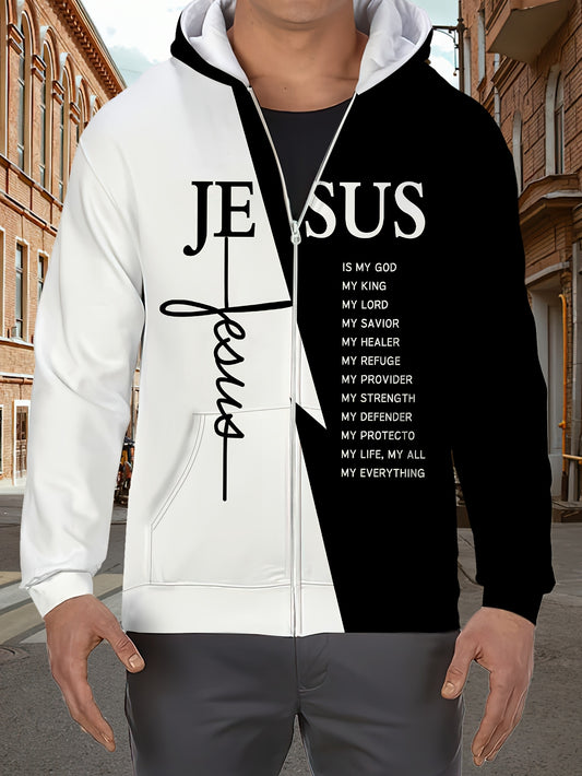 Polyester 3D Print Hooded Sweatshirt Men's Casual Zipper
