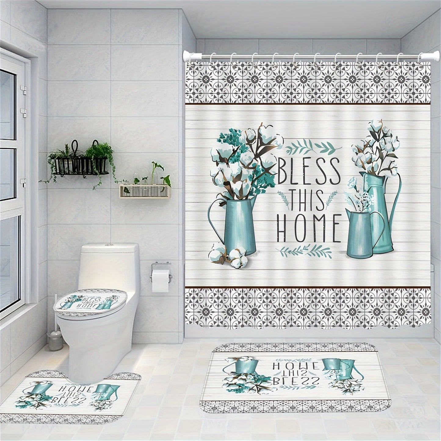 4 Pieces Luxury Shower Curtain Set with 12 Hooks Anti Slip Bath Mat U Shape Contour Rug and Toilet Lid Cover Elegant Bathroom Decor Essentials