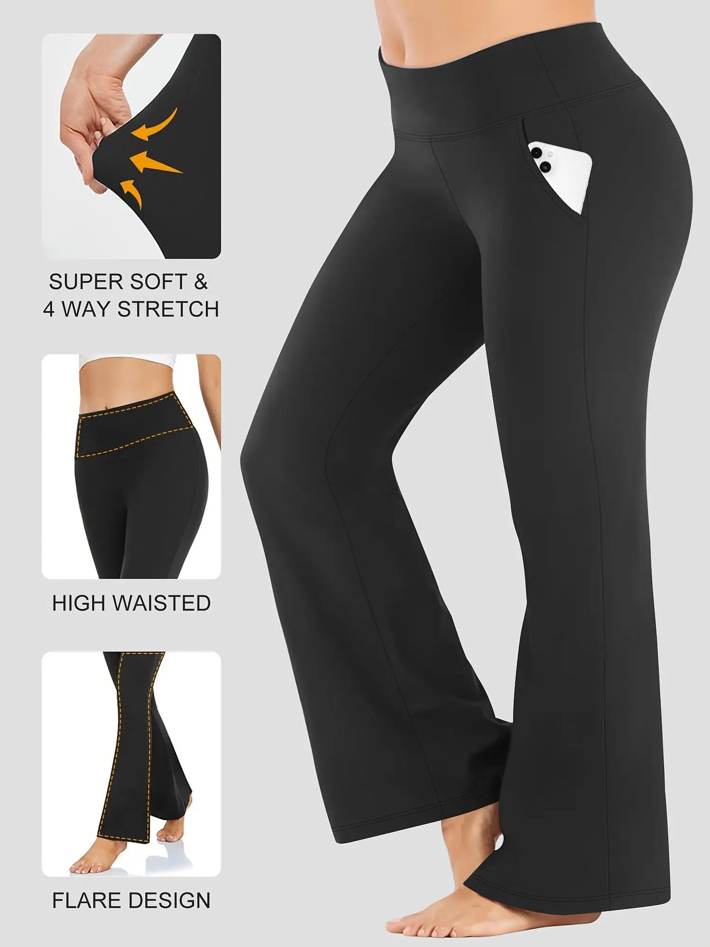 Womens High-Waisted Flared Pants With Pockets Elastic Comfort Casual