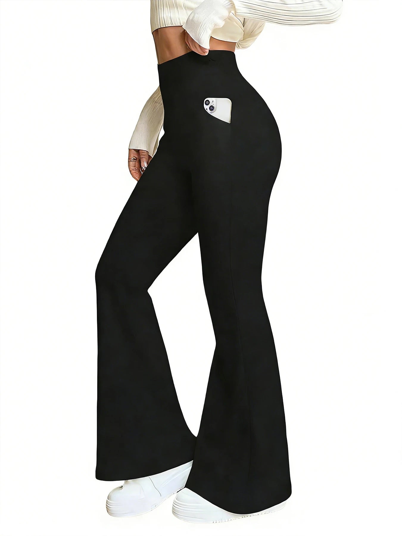 Womens High-Waisted Flared Pants With Pockets Elastic Comfort Casual