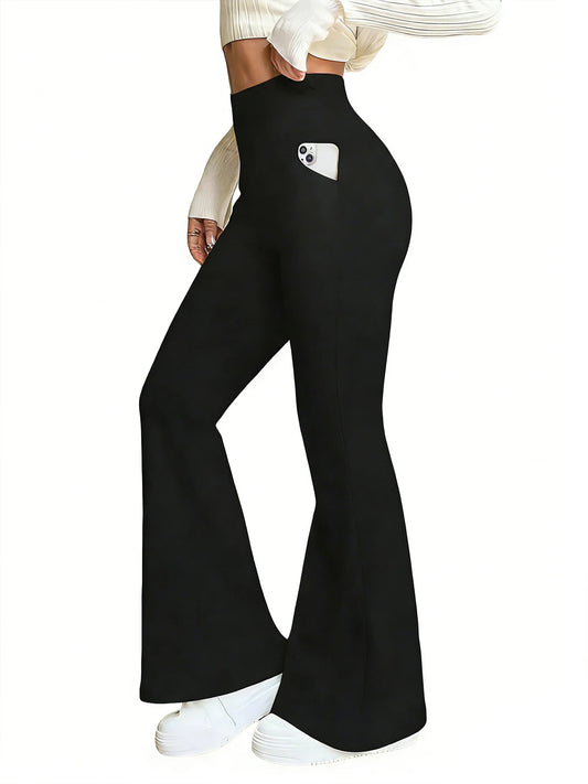 Womens High-Waisted Flared Pants With Pockets Elastic Comfort Casual