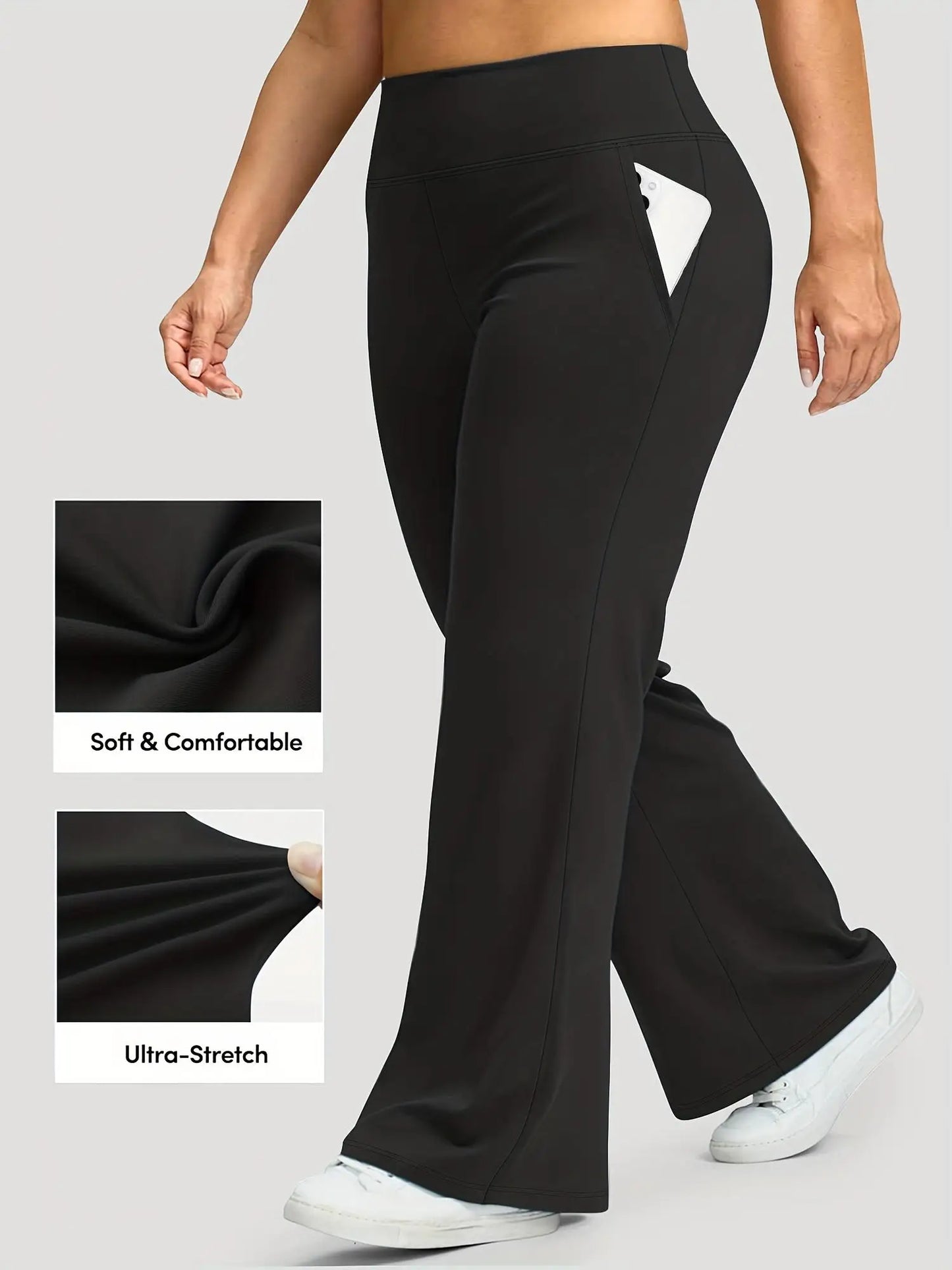 Womens High-Waisted Flared Pants With Pockets Elastic Comfort Casual