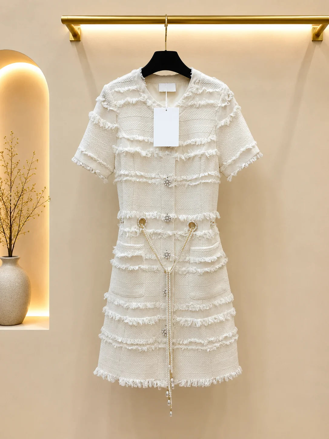 Women Knit Fringe Trim Dress With Beading And Rhinestone Buttons Belt Pocket