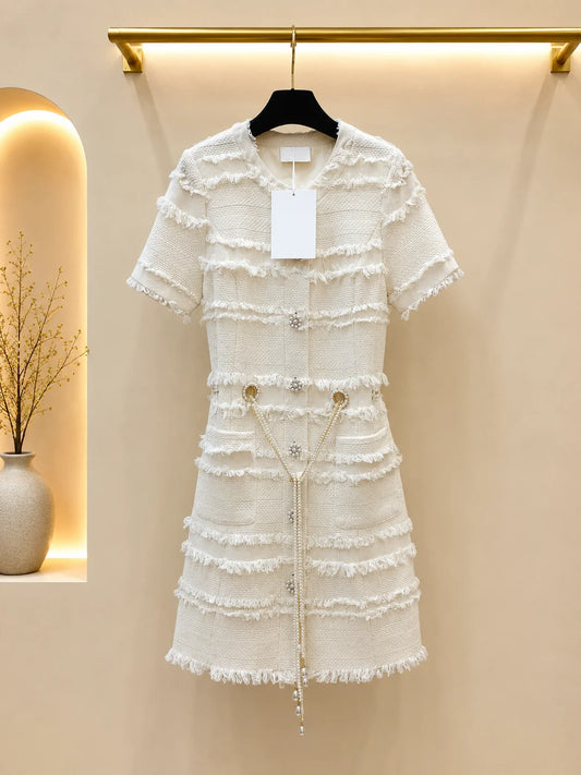 Women Knit Fringe Trim Dress With Beading And Rhinestone Buttons Belt Pocket
