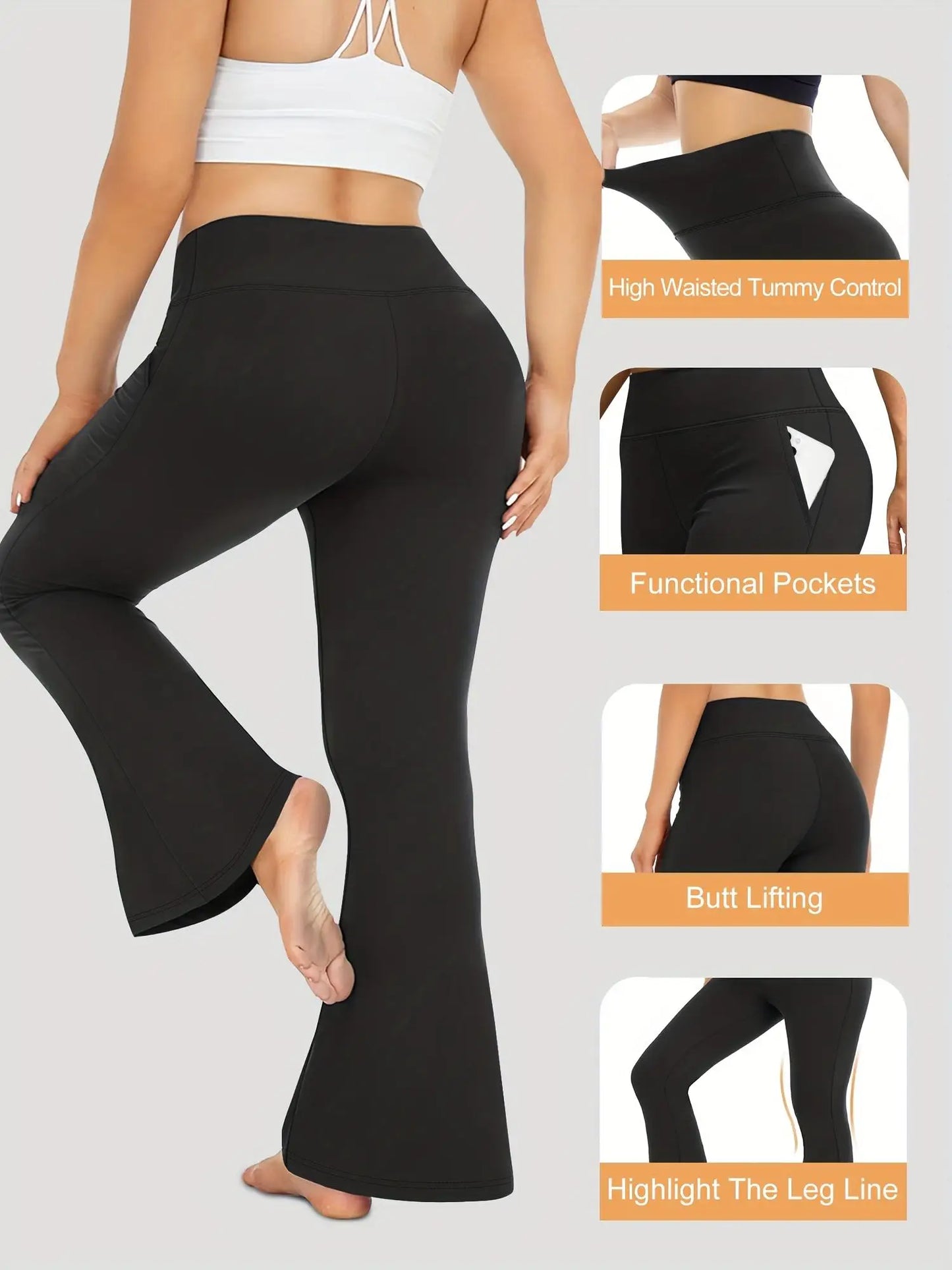 Womens High-Waisted Flared Pants With Pockets Elastic Comfort Casual