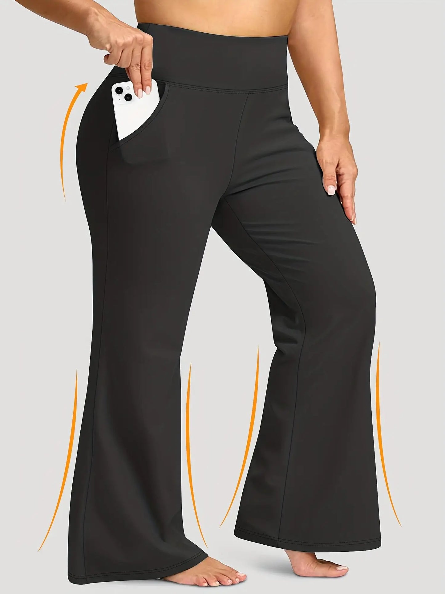 Womens High-Waisted Flared Pants With Pockets Elastic Comfort Casual