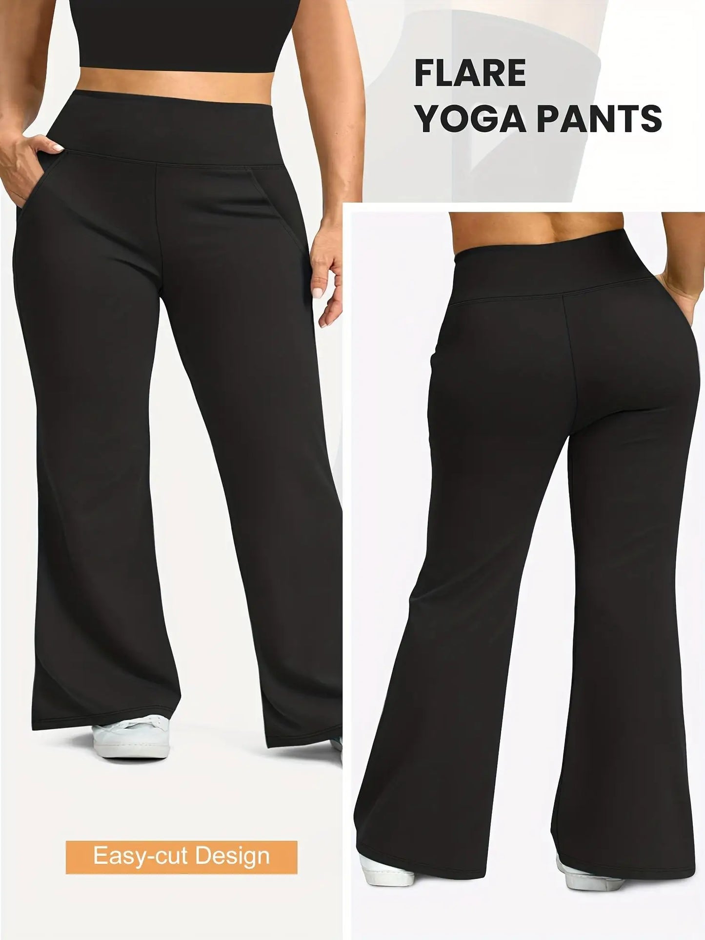 Womens High-Waisted Flared Pants With Pockets Elastic Comfort Casual