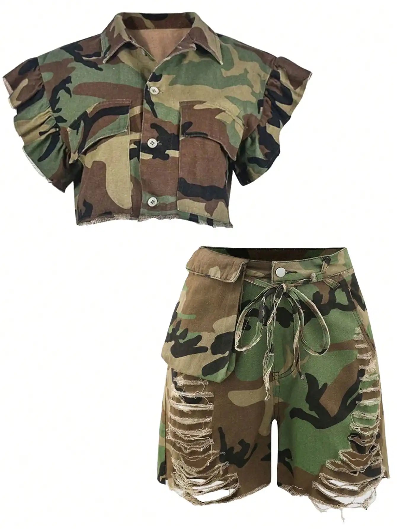 GLOURI Women Camouflage Two Piece Outfit With High Waist Shorts
