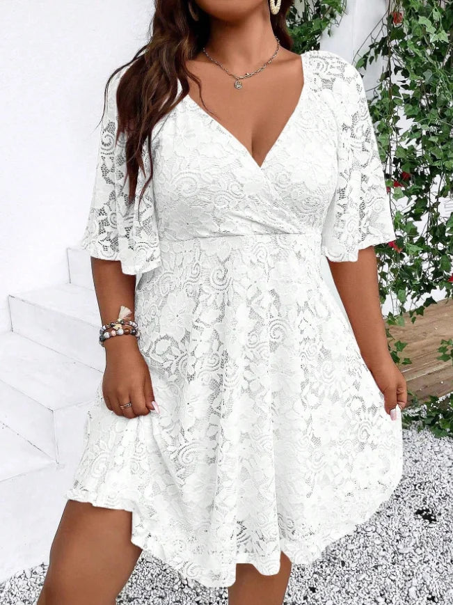 Womens Lace Aline Dress With Vneck And Cross Over Waist