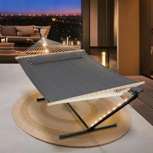 Outdoor Double Hammock With Stand And Solar Lights