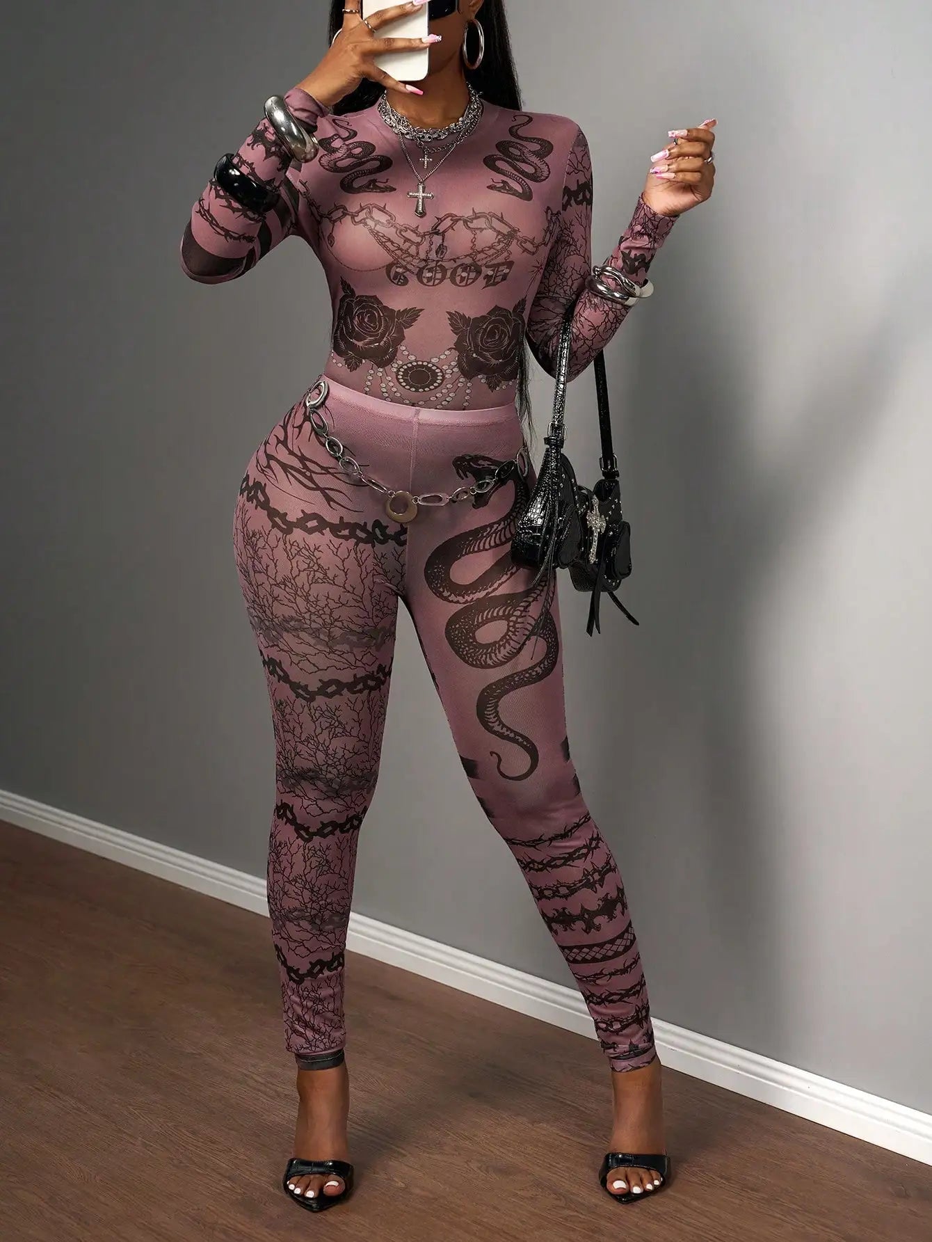 Mesh Zebra Print Bodycon Two Piece Set Long Sleeve
