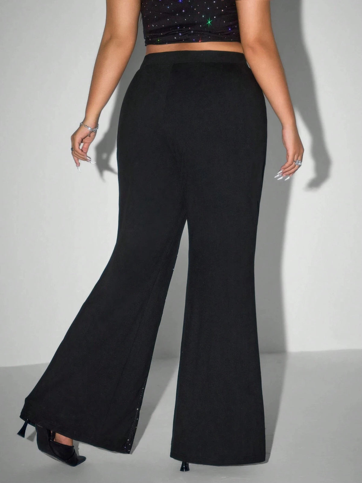Womens Mesh Rhinestone Flare Pants See Through Party Trousers