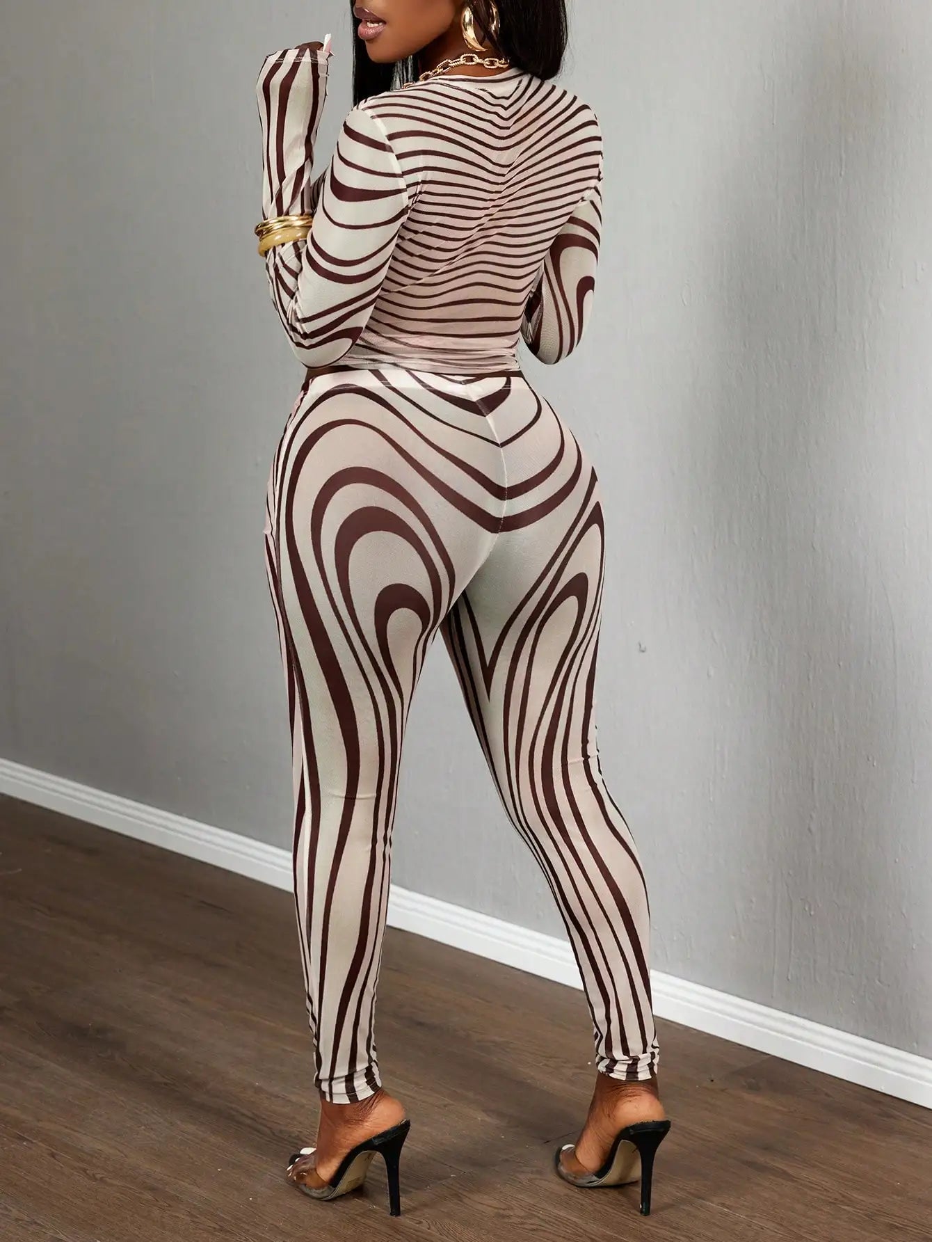 Mesh Zebra Print Bodycon Two Piece Set Long Sleeve