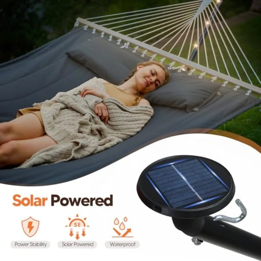 Outdoor Double Hammock With Stand And Solar Lights