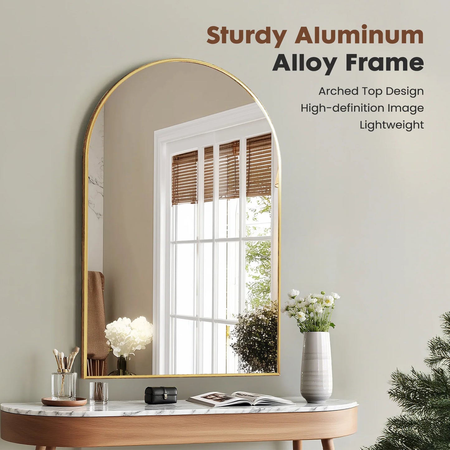 JHK Arched Metal Framed Bathroom Mirror For Wall Decor