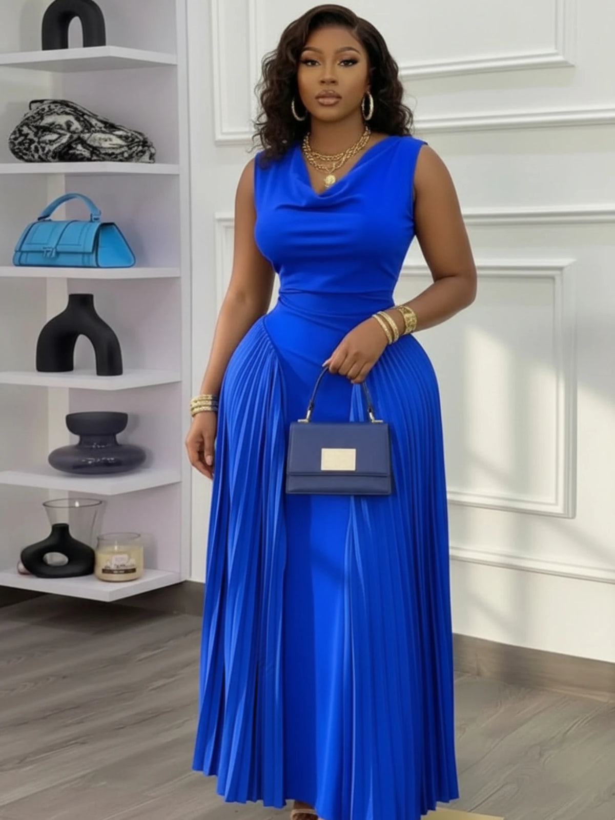 Women Sleeveless Cowl Neck Pleated Maxi Formal Evening Dress