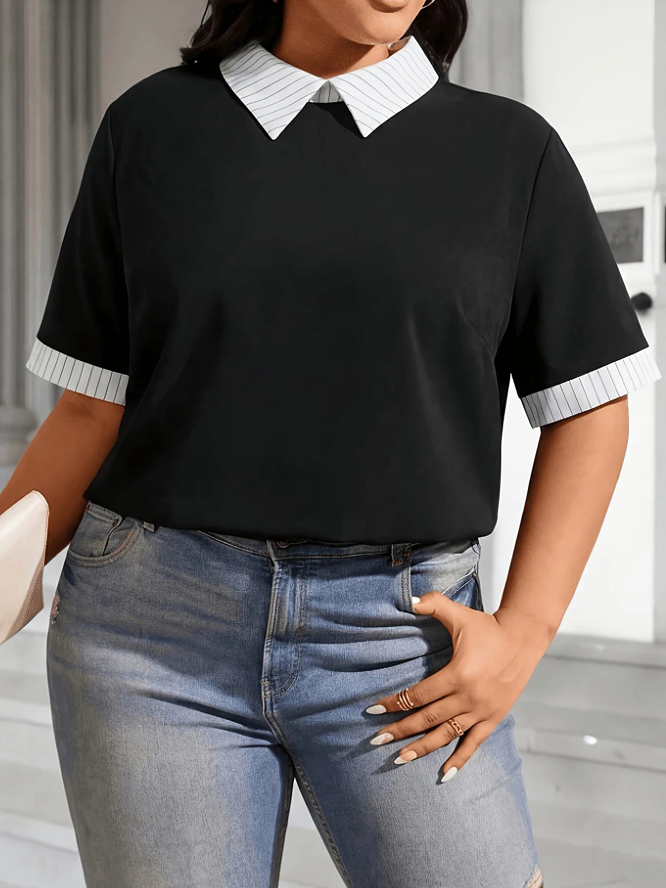 Striped Lapel Faux Two Piece Short Sleeve Top V Neck