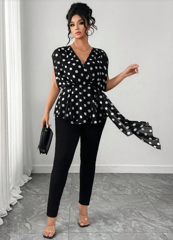 Polka Dot Peplum Wrap Blouse With Drape Ties Chiffon Sleeveless