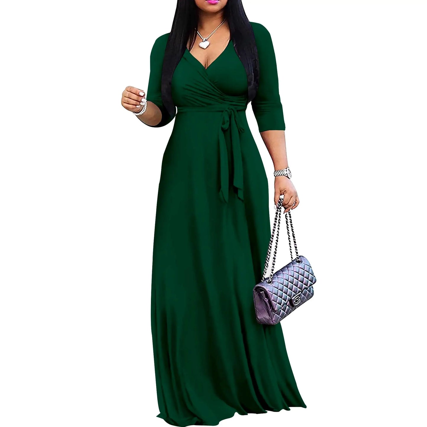 Womens Maxi Wrap Dress V Neck And Three Quarter Sleeves
