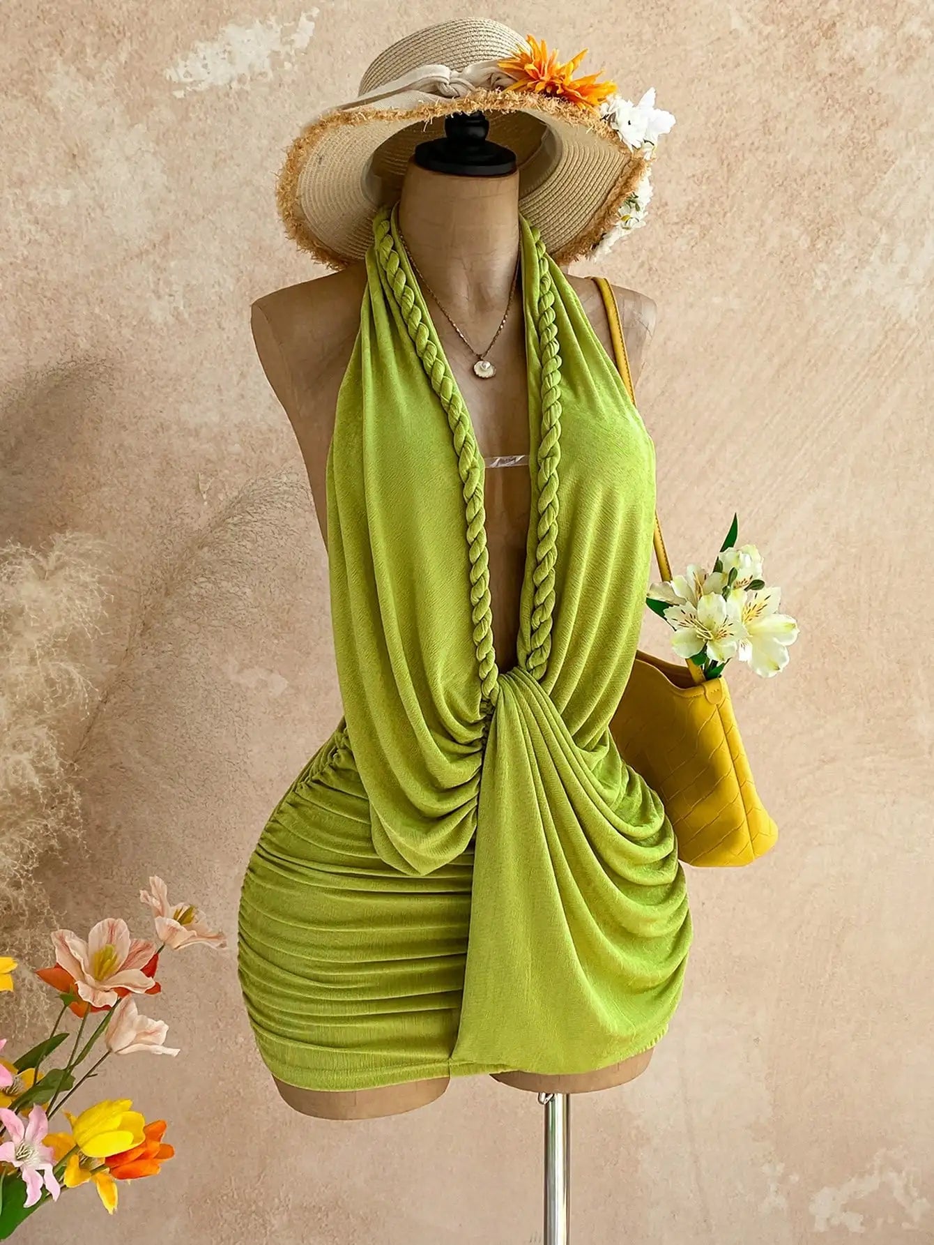 Backless Halter Mini Dress For Women Polyester Vacation Beach