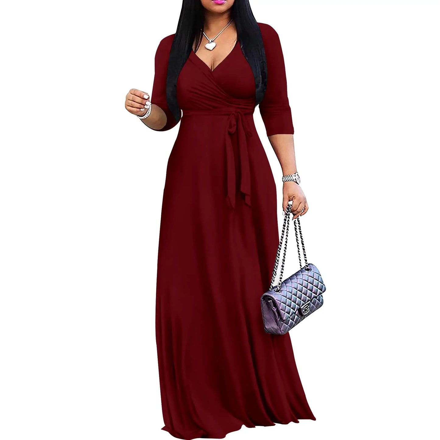Womens Maxi Wrap Dress V Neck And Three Quarter Sleeves
