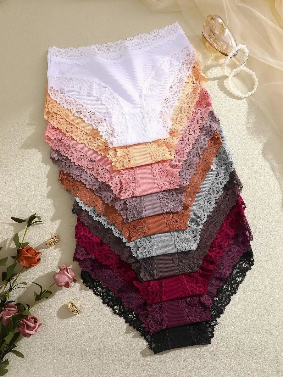 Womens Cotton Ribbed Lace Panel Briefs Low Rise Comfort Fit