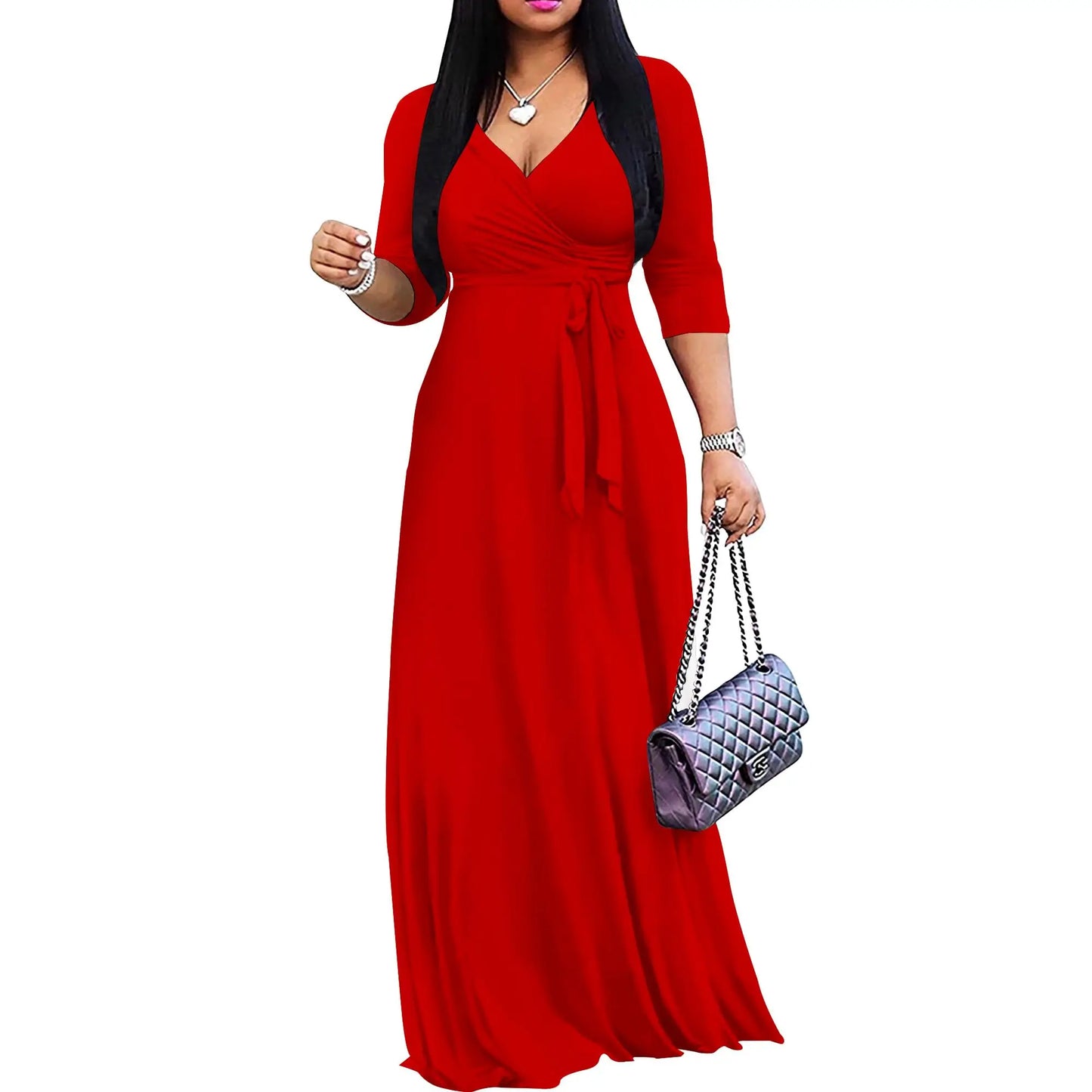 Womens Maxi Wrap Dress V Neck And Three Quarter Sleeves