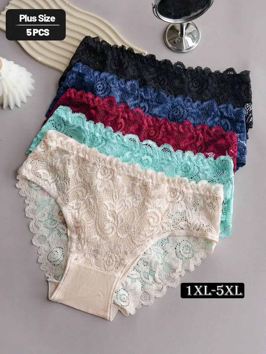 Plus Size Womens Lace Briefs With Contrast Trim 5 Pack