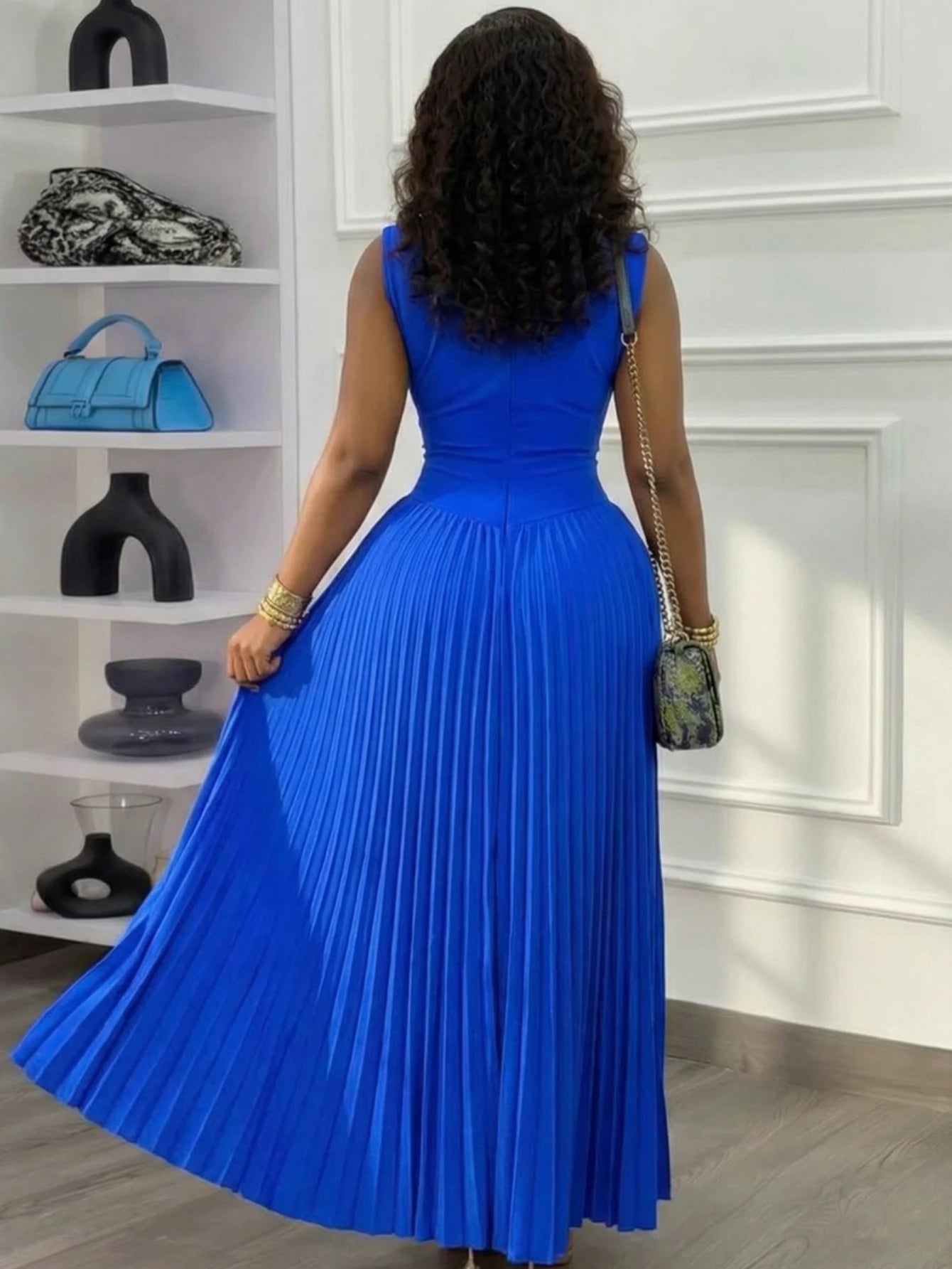 Women Sleeveless Cowl Neck Pleated Maxi Formal Evening Dress
