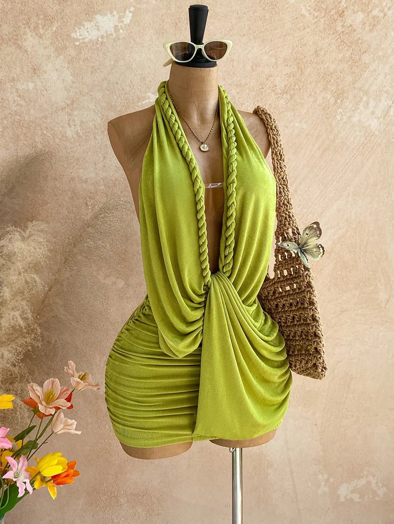Backless Halter Mini Dress For Women Polyester Vacation Beach