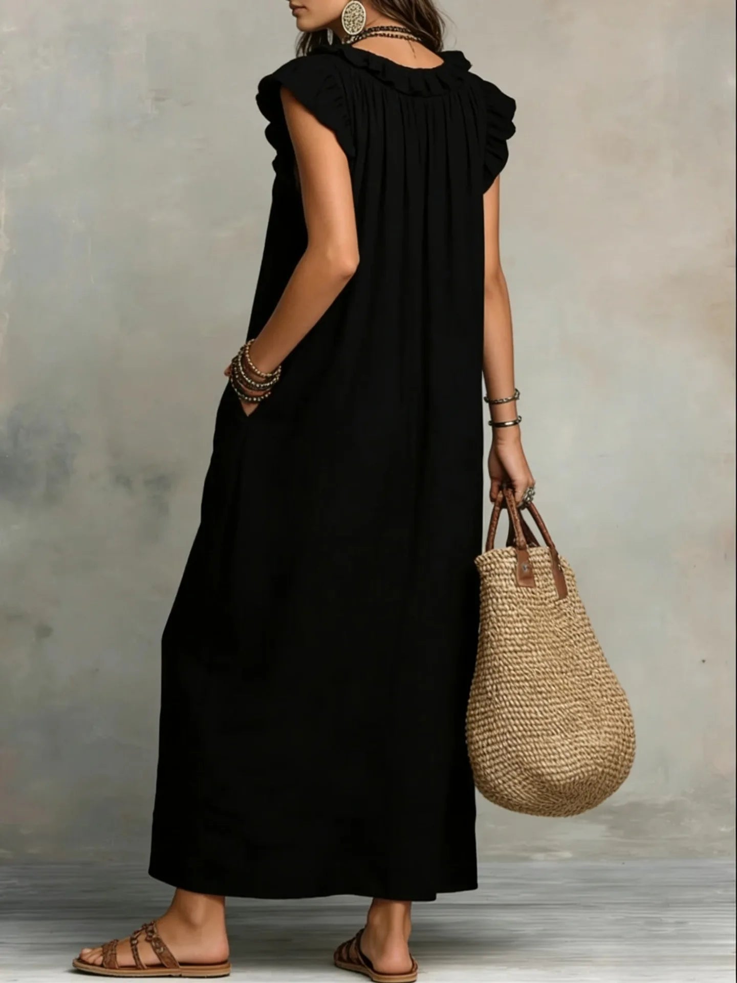 Bohemian Linen Maxi Dress With Ruffle V Neck Pockets
