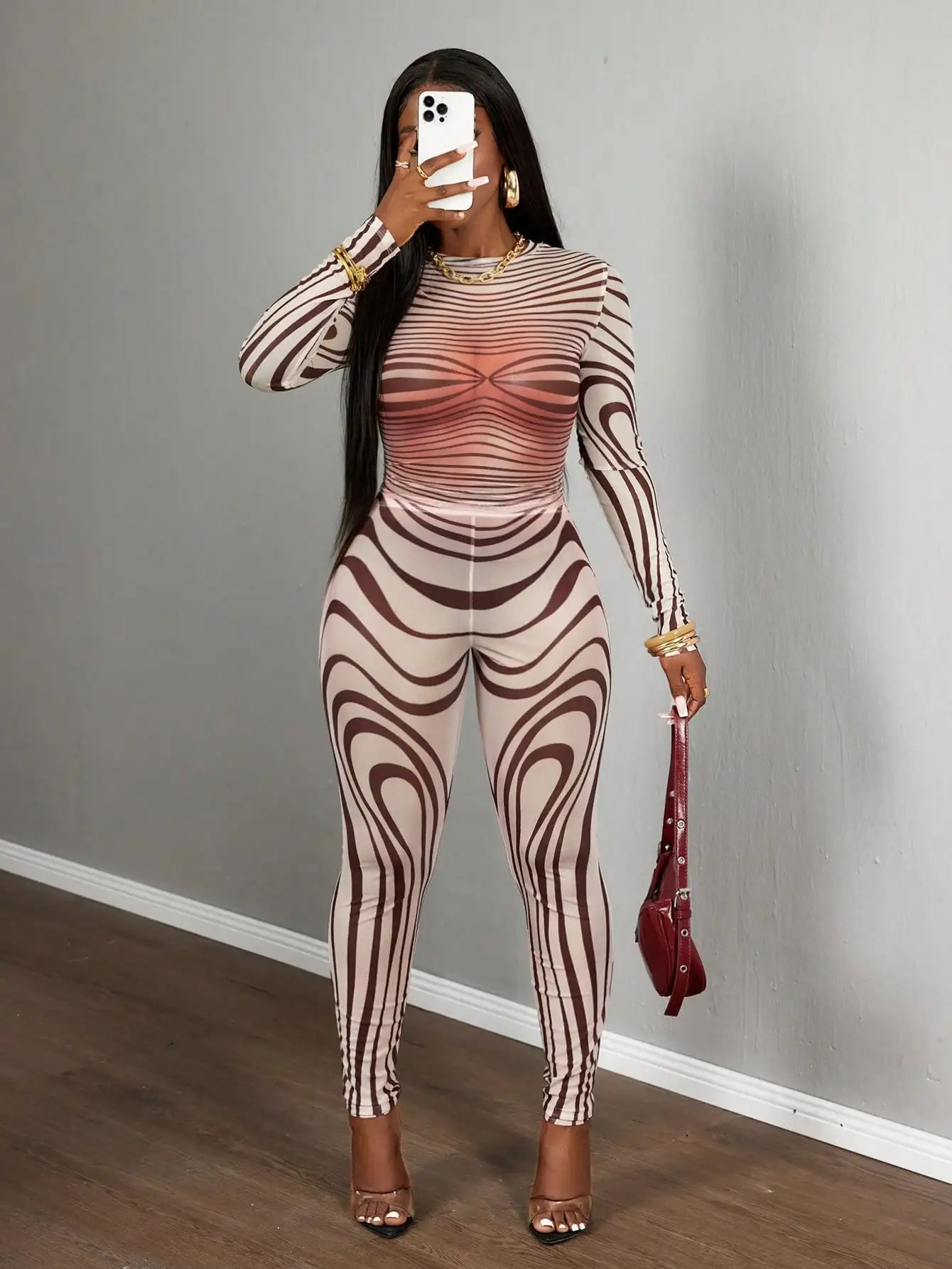 Mesh Zebra Print Bodycon Two Piece Set Long Sleeve