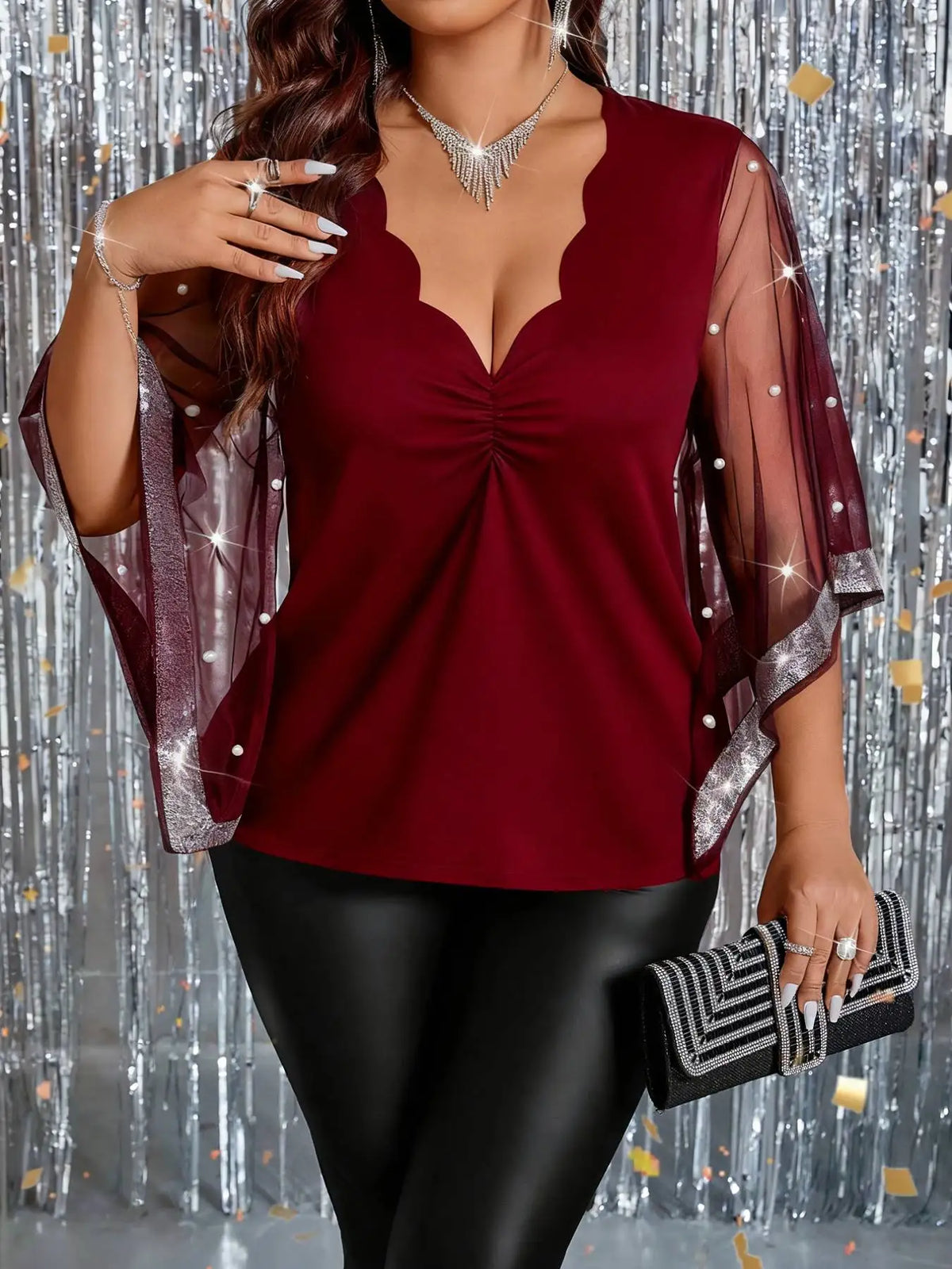 Women's Scalloped V Neck Mesh Bell Sleeve Beaded Evening Blouse