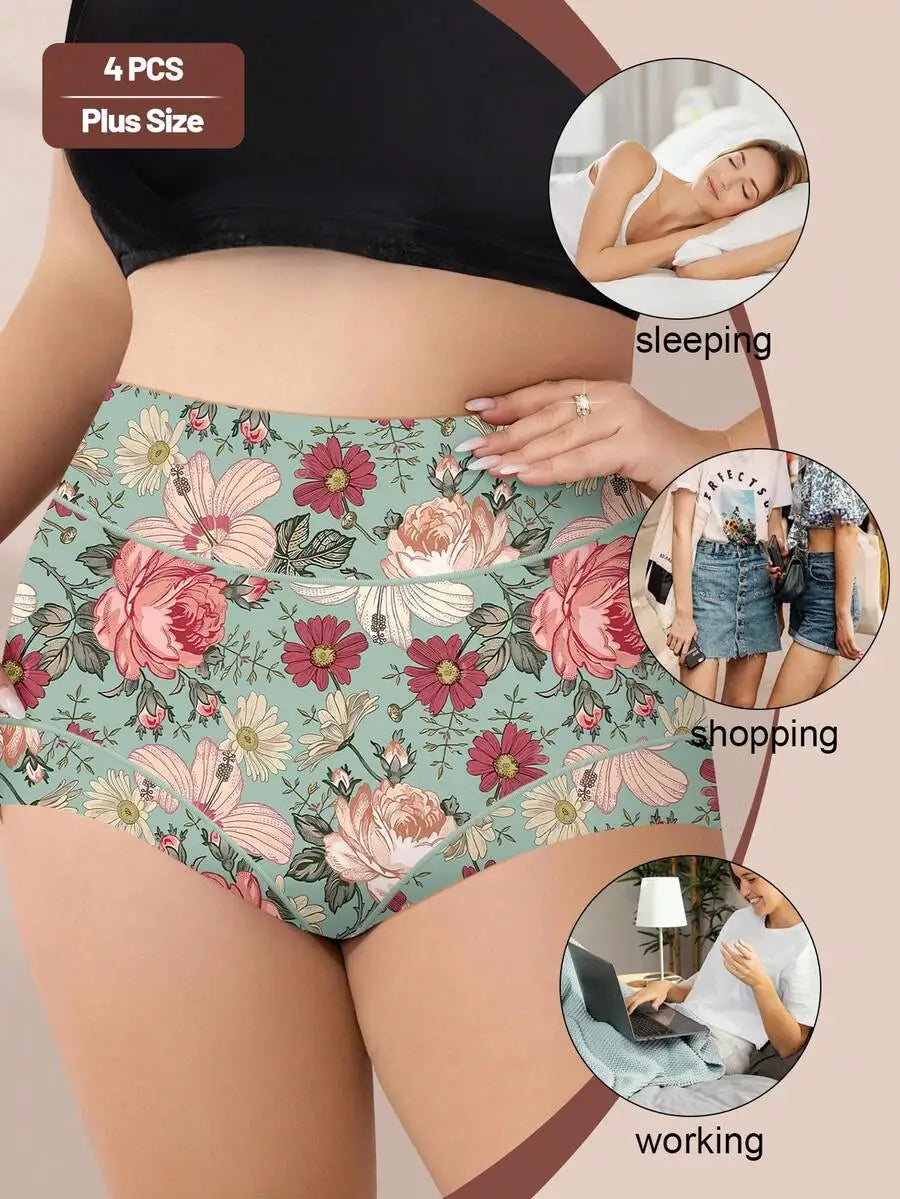 Women Cotton Panties Seamless Breathable Mid Waist Flower Print