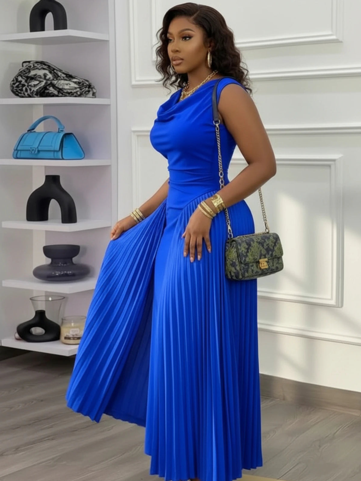 Women Sleeveless Cowl Neck Pleated Maxi Formal Evening Dress