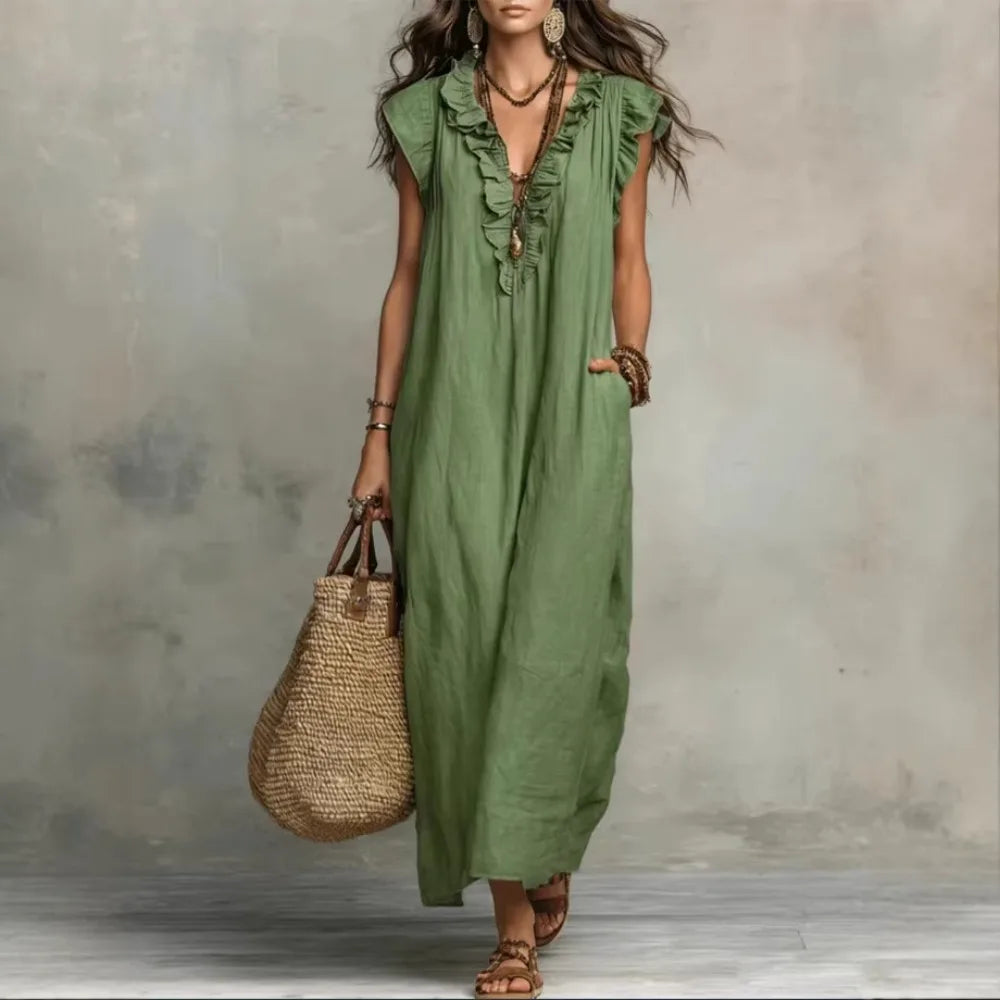 Bohemian Linen Maxi Dress With Ruffle V Neck Pockets