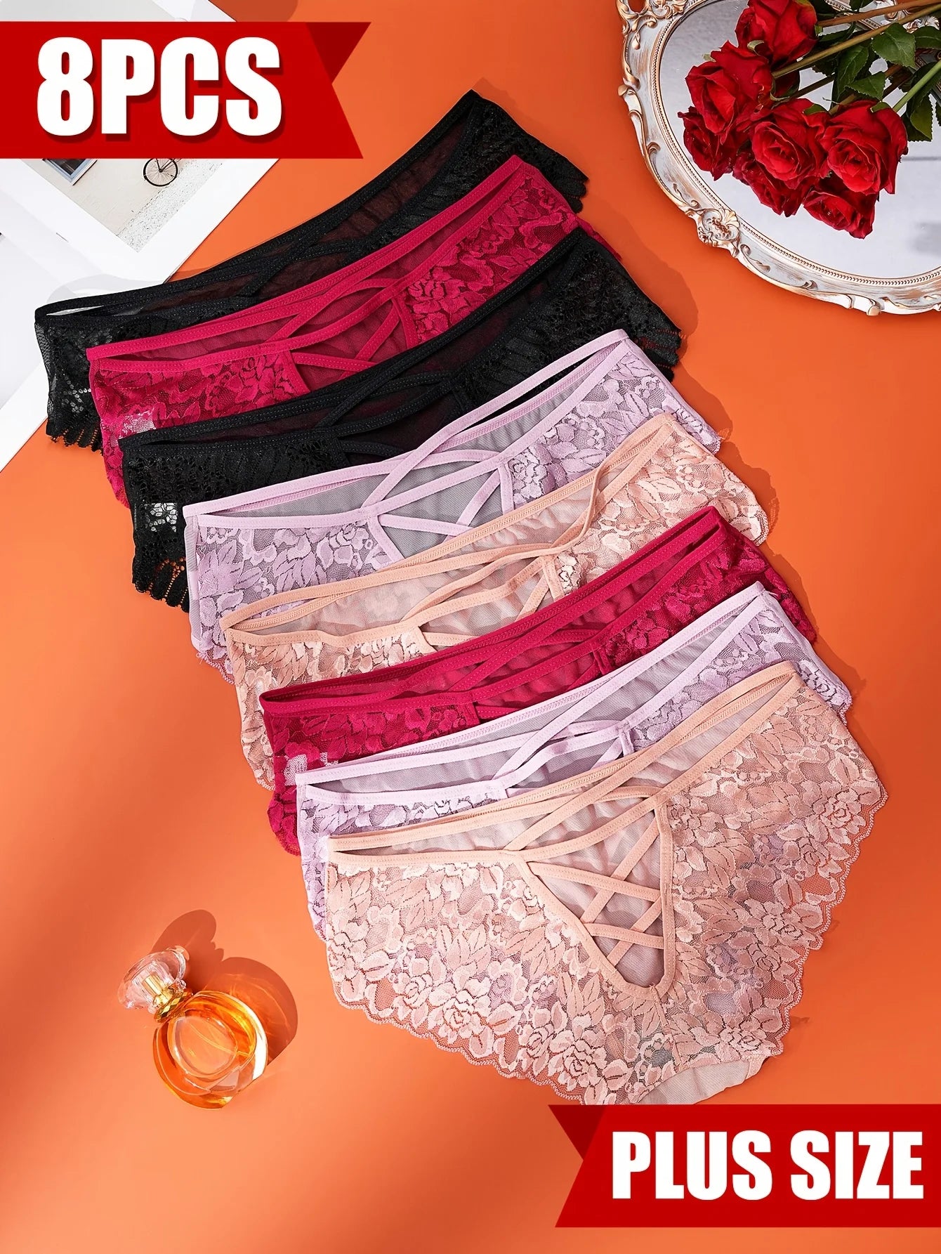 DORSU Floral Lace Panties Set With Cross Strap Semi Sheer