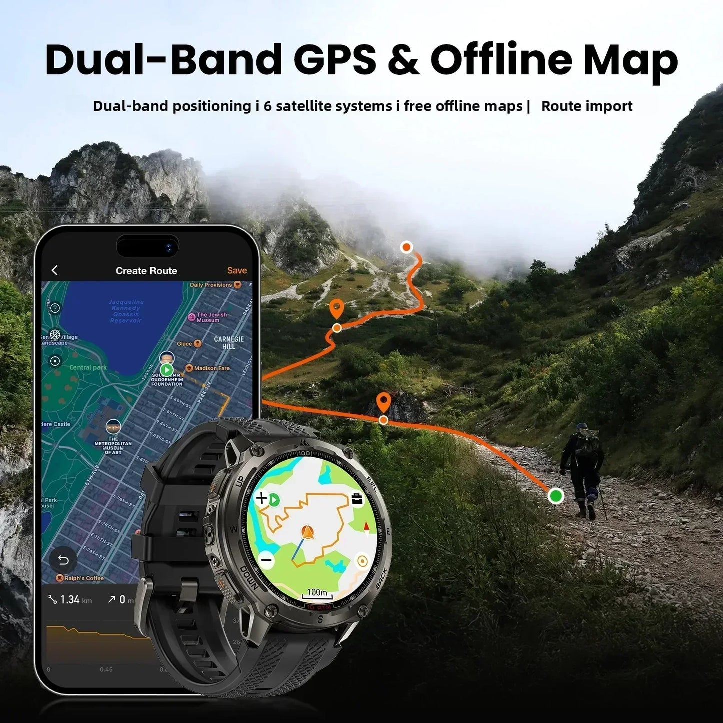 KOSPET Tank T4 Smart Watch 6Sat GPS Offline Maps 10ATM For Men