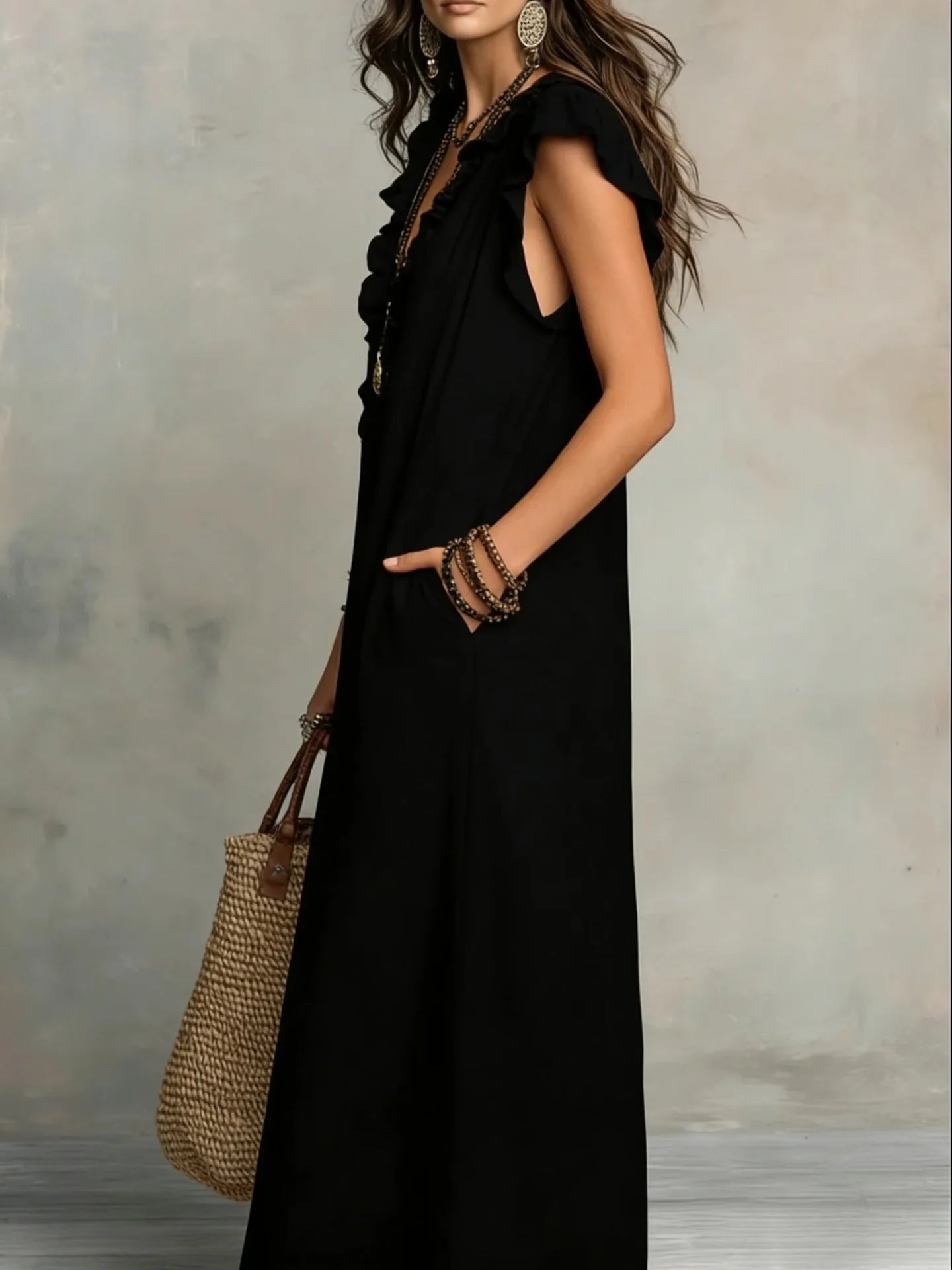 Bohemian Linen Maxi Dress With Ruffle V Neck Pockets
