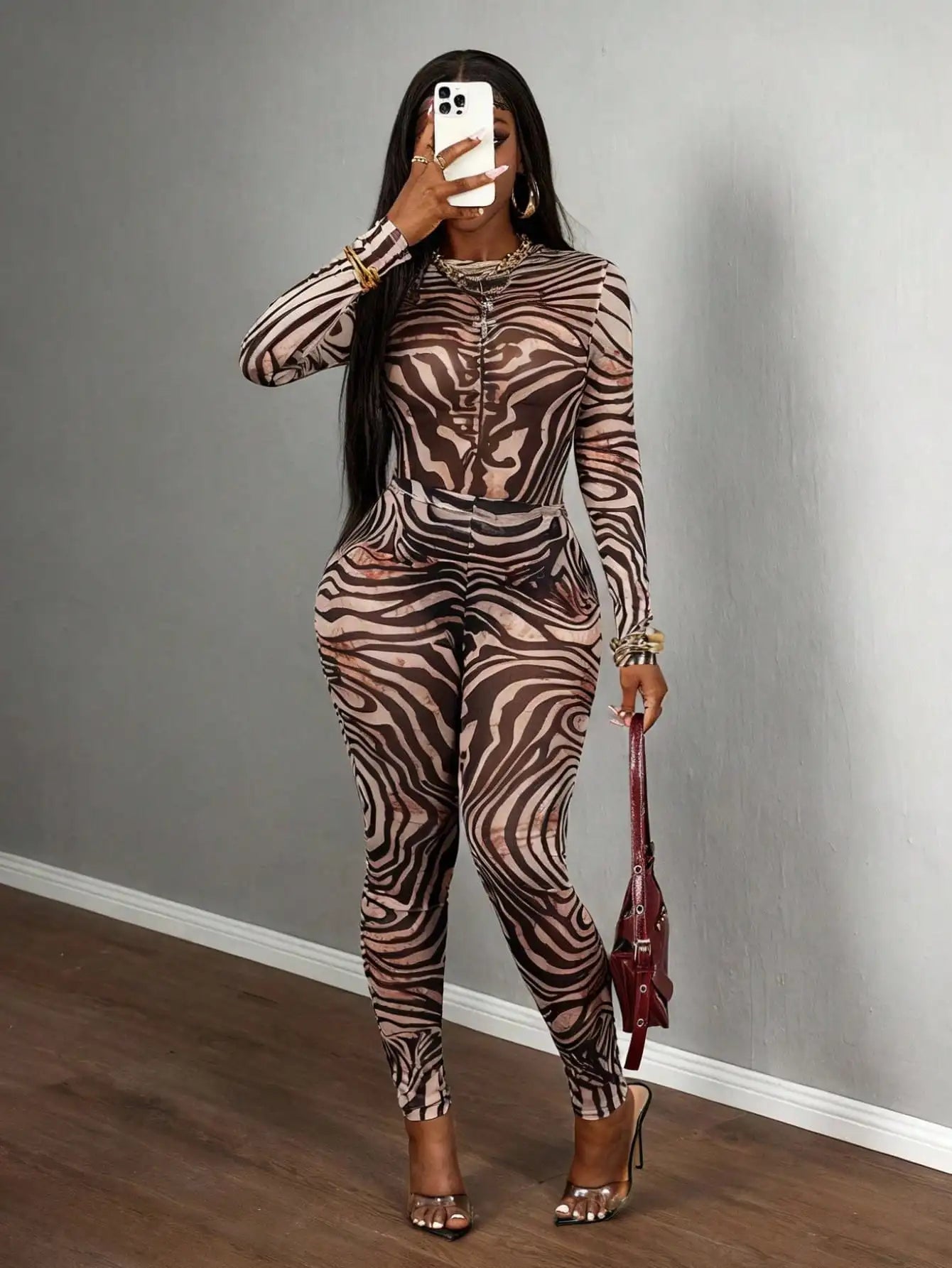 Mesh Zebra Print Bodycon Two Piece Set Long Sleeve
