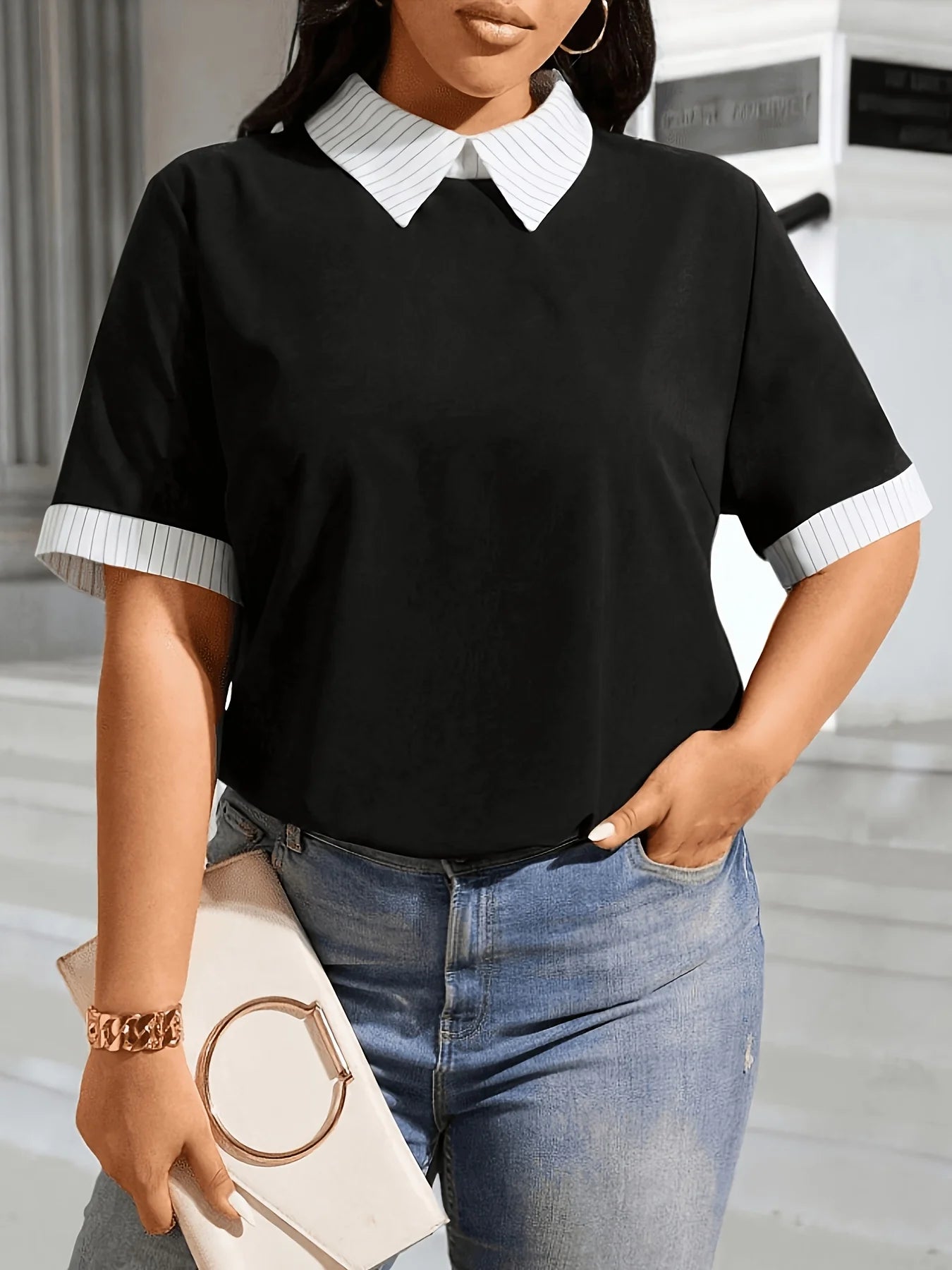 Striped Lapel Faux Two Piece Short Sleeve Top V Neck