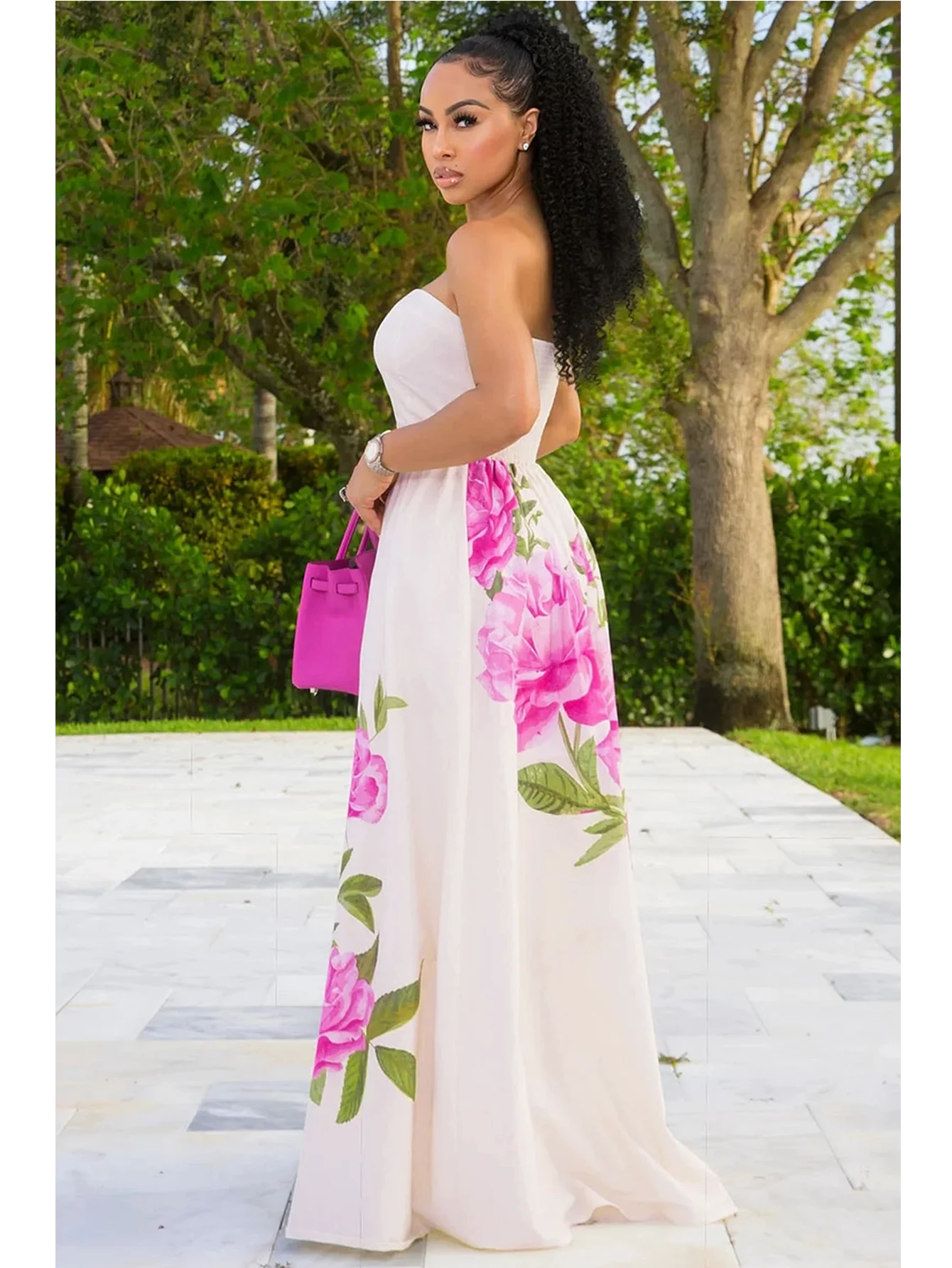 Floral Print Strapless Maxi Dress For Wedding Vacation