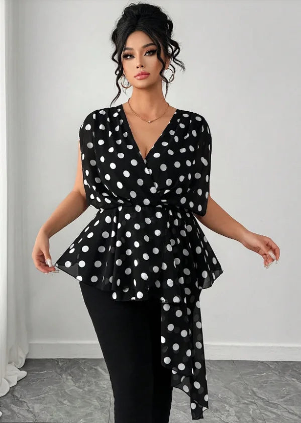 Polka Dot Peplum Wrap Blouse With Drape Ties Chiffon Sleeveless