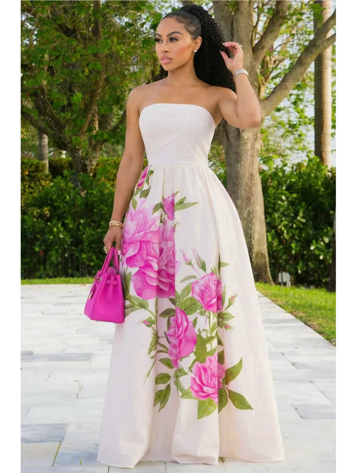 Floral Print Strapless Maxi Dress For Wedding Vacation
